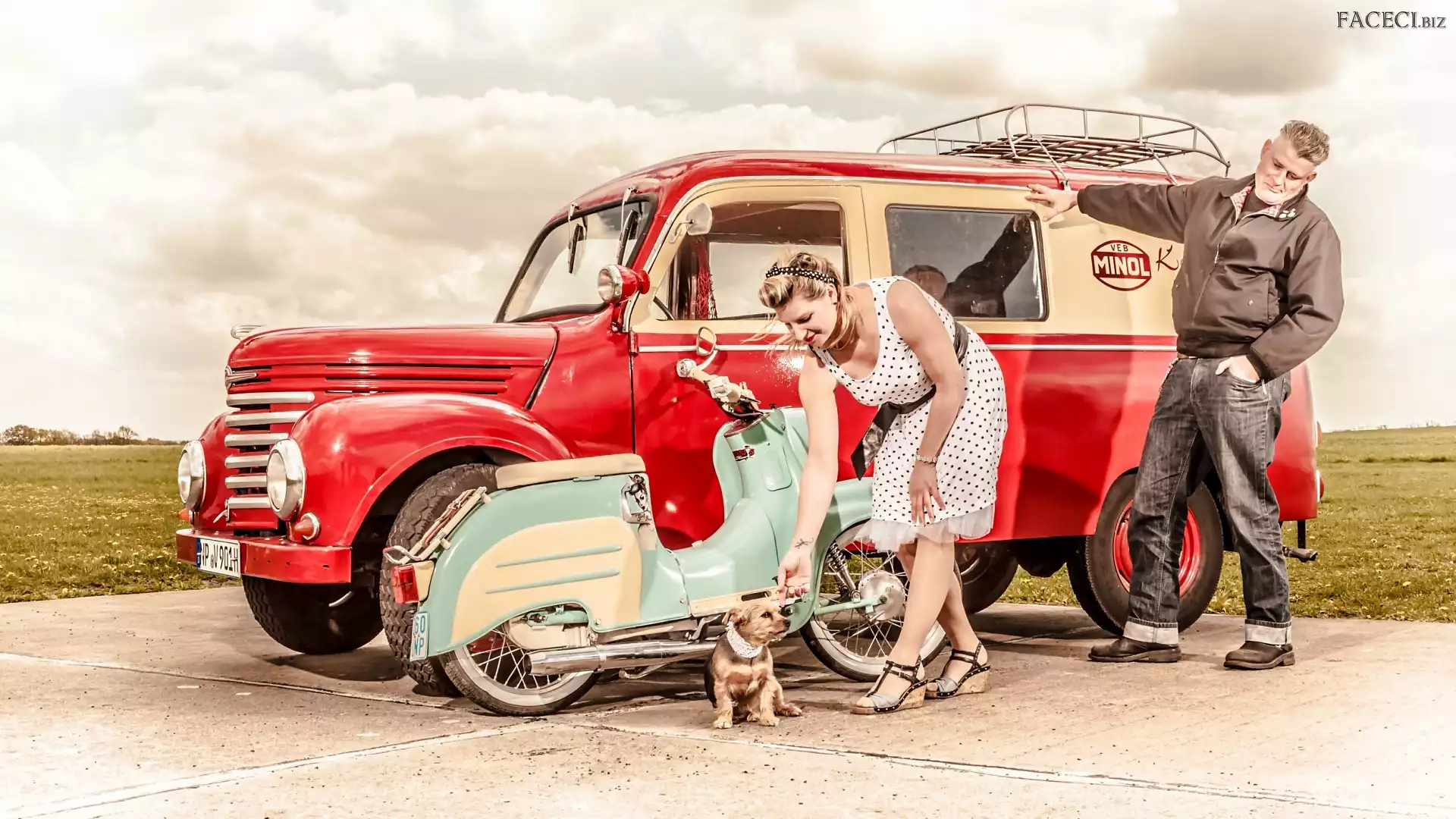 Samochód, Kobieta, Wycieczka, Pies, Mężczyzna, Skuter